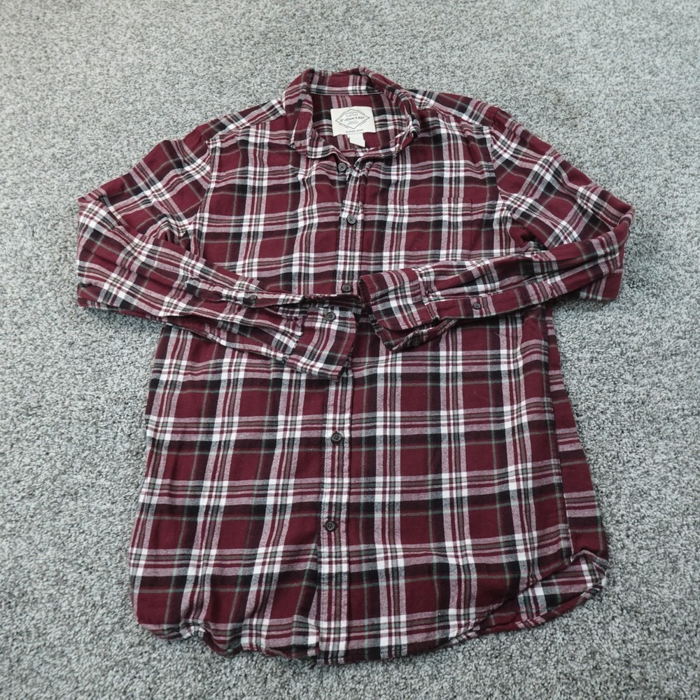 St Johns Bay Shirt Mens S Red Burgundy Plaid Flannel Button Up Long Sleeve Work